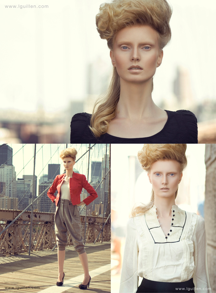 Female model photo shoot of Virginija by Luis Guillen Photo in NYC, Brooklyn Bridge, hair styled by Cari R Duprey, makeup by GRISELLEMUA