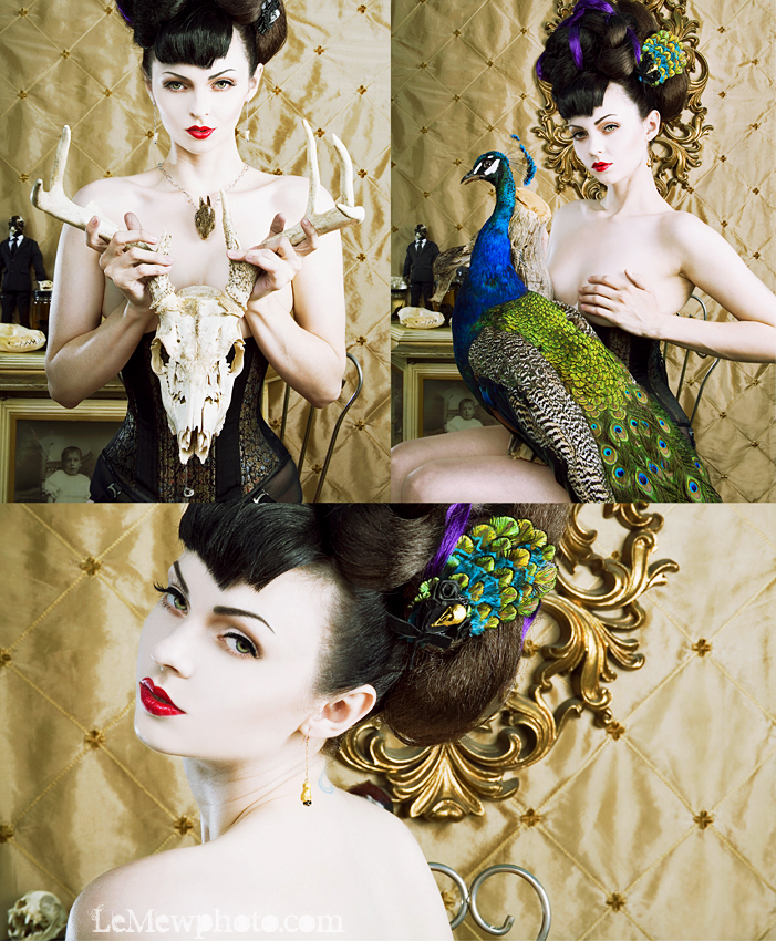 Female model photo shoot of Jennifer Garcia and Kitty Kosmo in Taxidermy Accessories by: LovedtoDeath.net, hair styled by K D Nguyen, clothing designed by Loved To Death