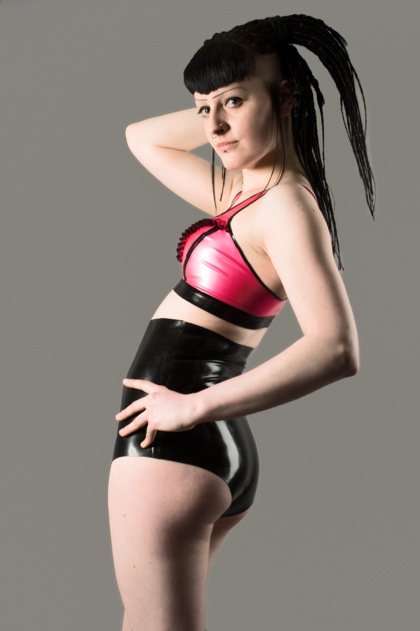 Female model photo shoot of Miss Plastik by Immortal Rockstar in Barnsley, South Yorkshire, United Kingdom, clothing designed by Violaceous Latex