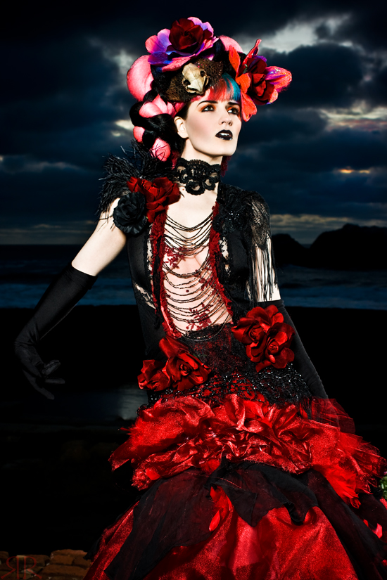 Female model photo shoot of Vampireleniore by RedrumCollaboration in Ocean Beach, San Francisco, hair styled by K D Nguyen, clothing designed by Black Lotus Clothing