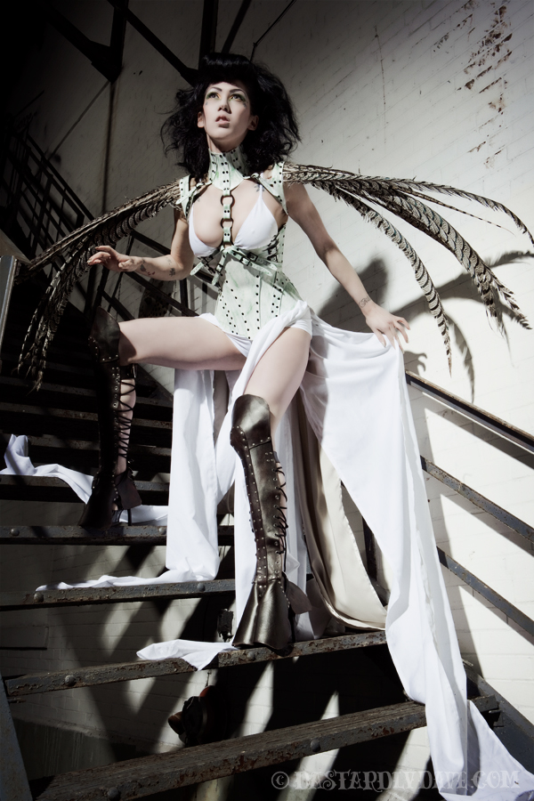 Female model photo shoot of Asphyxia  by Dastardly Dave, clothing designed by Antiseptic Fashion