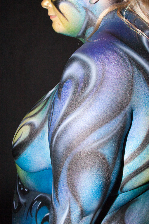 Female model photo shoot of ThinkingBig in Westminster, Colorado, body painted by David Brawner