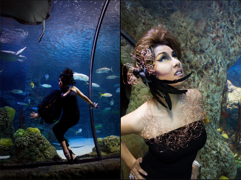 Female model photo shoot of Kelsey Bigelow and Gwendolyn C. Cole in Denver Aquarium, clothing designed by kitty mae