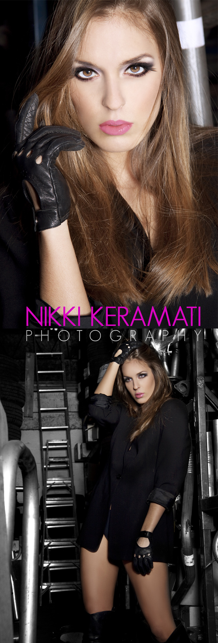 Female model photo shoot of Nikki K Photography in GMS Silencieux garage - Montreal, makeup by 1295625