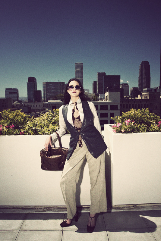 Female model photo shoot of Kat Petrie by Marc Gabay in Downtown LA, makeup by Lolly Feng