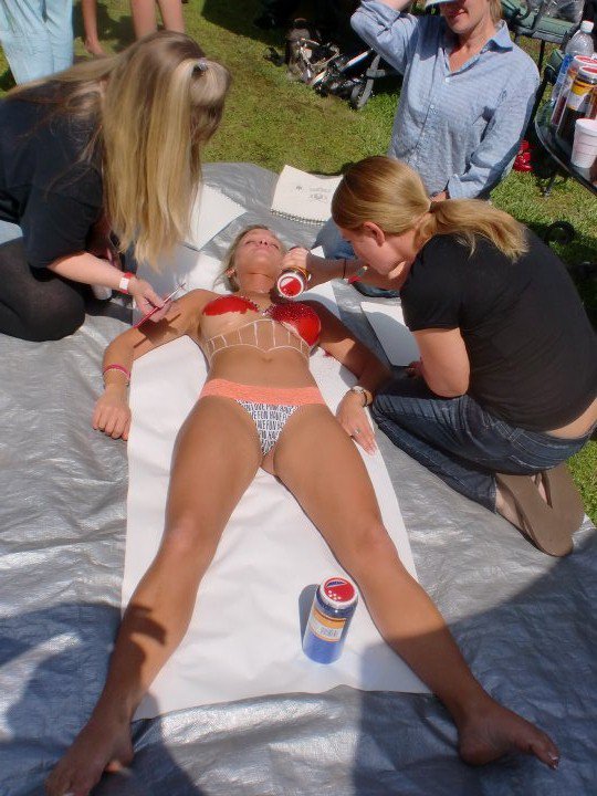Female model photo shoot of a living canvas in playboy mansion