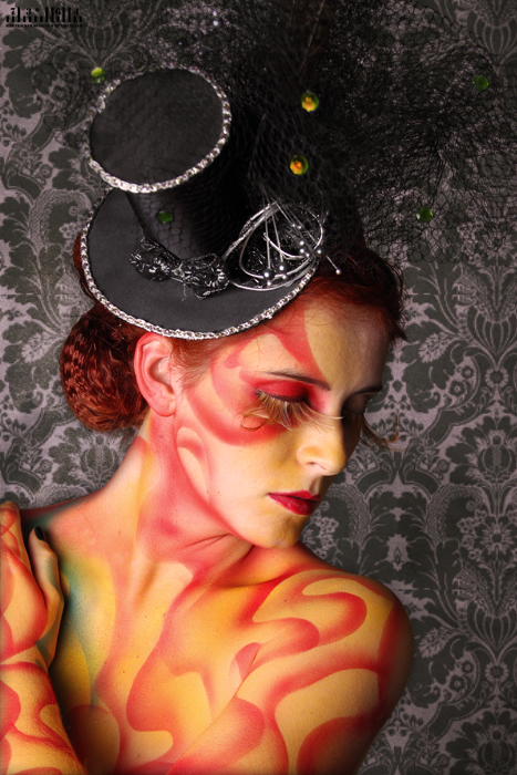 Female model photo shoot of Adina Maree by Sidetracked Designs in Emelles Hair Salon, body painted by Mythical Ink