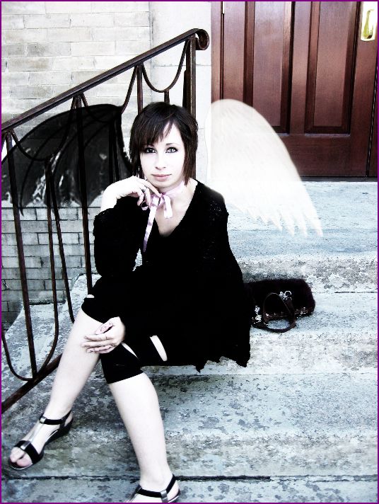 Female model photo shoot of Midnight Couture in Brooklyn on the staircase of a church by brighton.