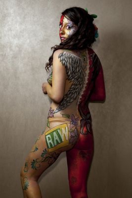 Female model photo shoot of BodyArt byDragonflyBoog in RAW Natural Born Artist San Diego Debut