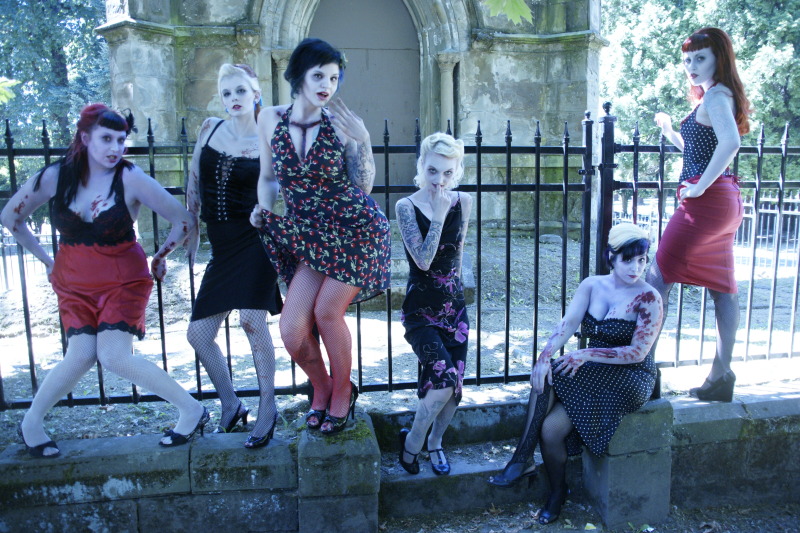 Female model photo shoot of Lil Red Bettie, Heather Rabbit, Heidi Lavon and Lil Debi by Chazz Gold Photography in Lone Fir Cemetery, makeup by Shashonna Knecht FX