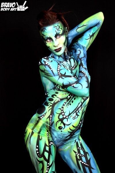 Female model photo shoot of Sati Pyre, makeup by Sean Avram bodypainter