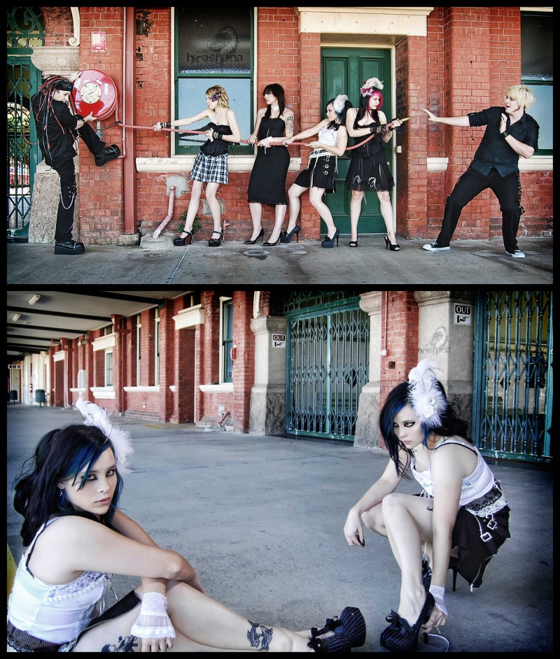 Female model photo shoot of H1rosh1ma, DeadDollyX, Nia Beckett and Tarryn Marie by Hiroshima Photography in Townsville, QLD ~ Australia, makeup by Dead Dolly MUA, clothing designed by Dusk Moth Designs