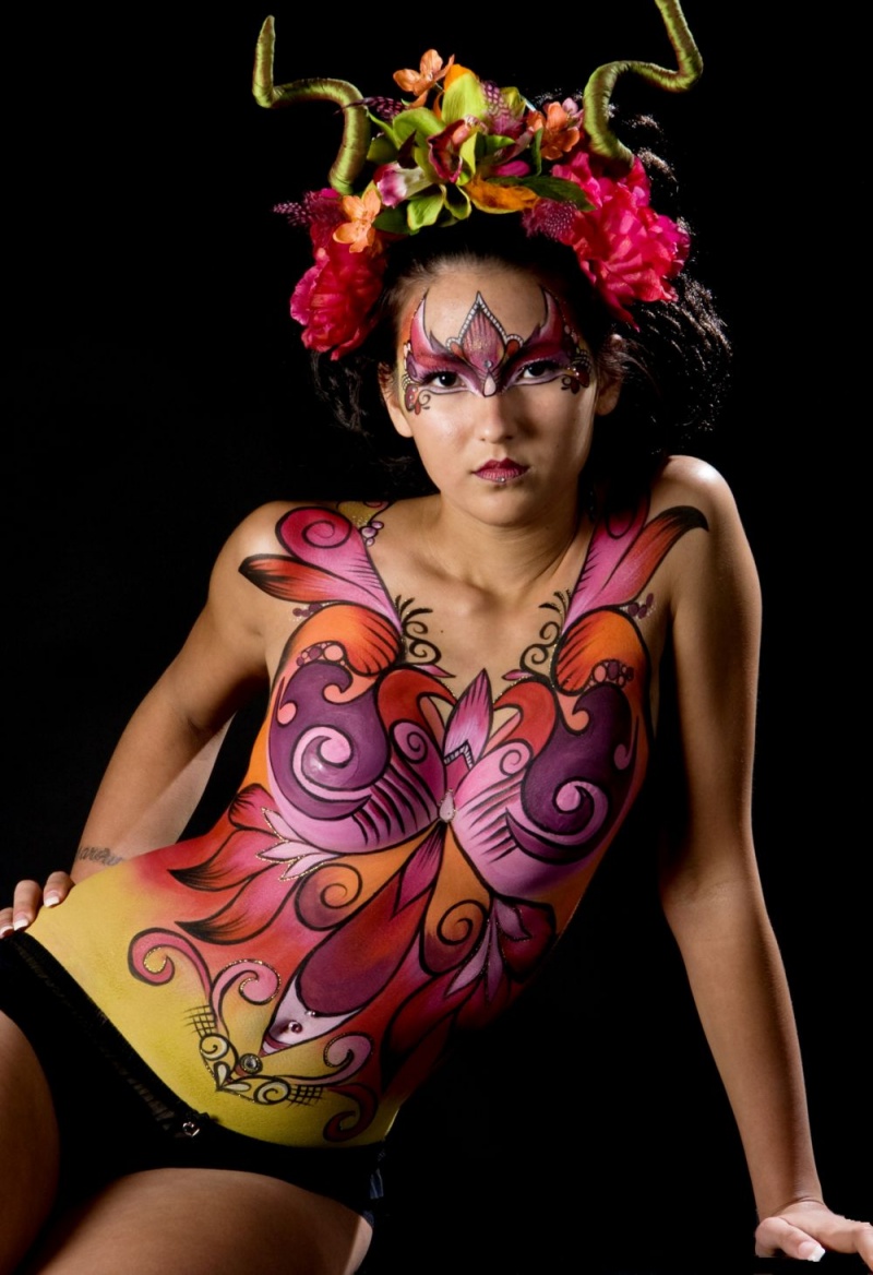 Female model photo shoot of Karen Monaco and Miss Chazzz in Perth WA, body painted by sKYLArk face body art