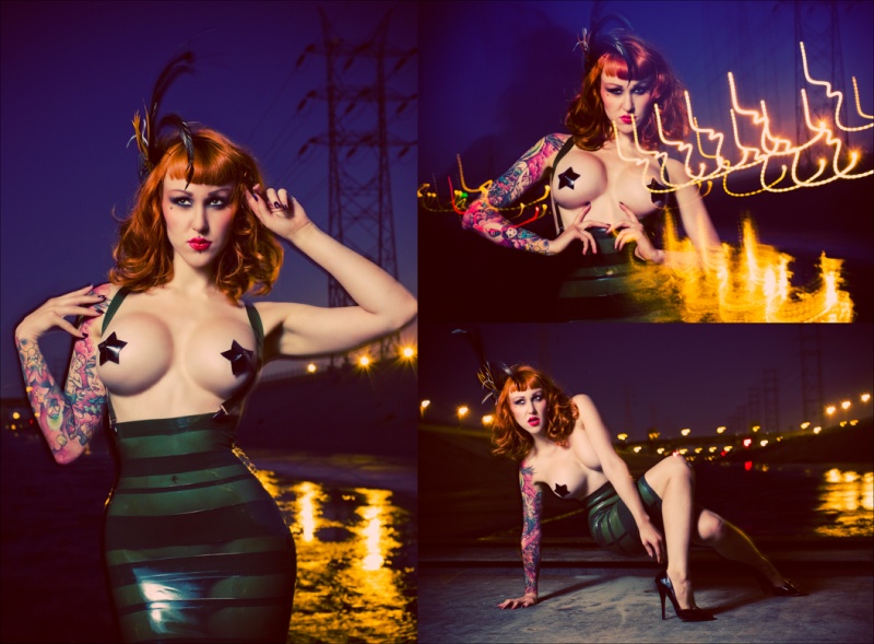 Male and Female model photo shoot of S H Photografia and ElegyEllem in L.A. River at Night, wardrobe styled by cara crass styling, clothing designed by Lady Lucie Latex