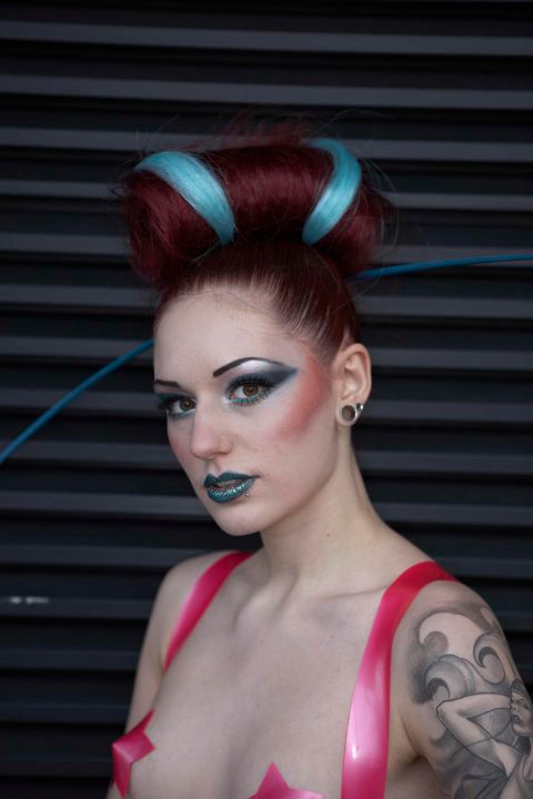 Female model photo shoot of Kimika Blue and Červená Fox in London Alternative Fashion Week, makeup by Kimika Blue
