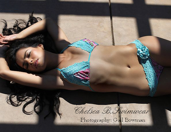 Female model photo shoot of Chelsea B Swimwear by Gail Bowman, makeup by Flora Wade