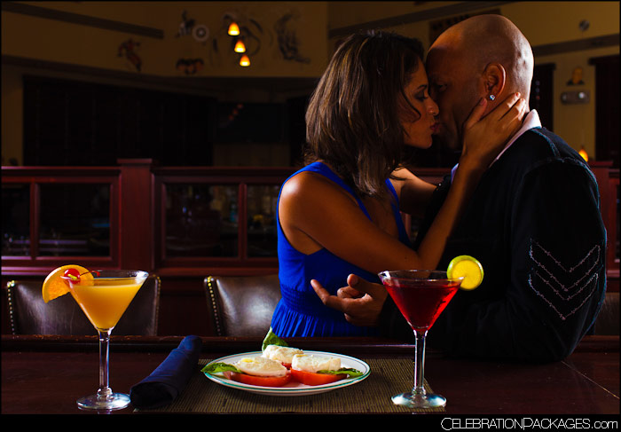 Male and Female model photo shoot of Celebration Packages and Isis Anthony in Palm Restaurant - Downtown San Diego, hair styled by Ro Hair Designs, makeup by Meagan Brown