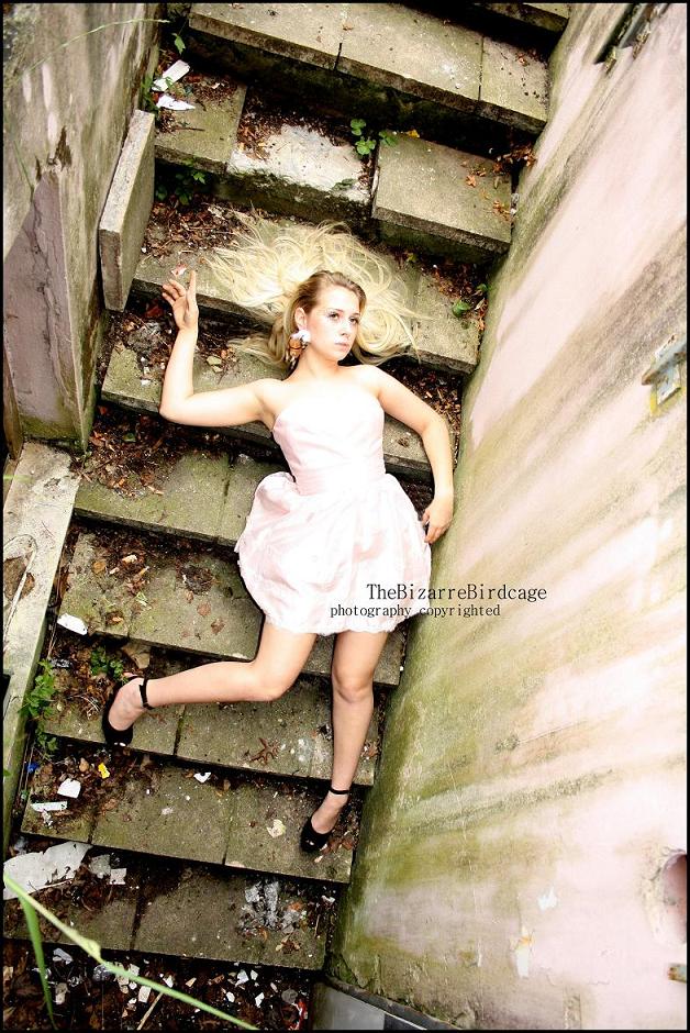 Female model photo shoot of TheBIzarreBirdcage in stairs in an old celler flat
