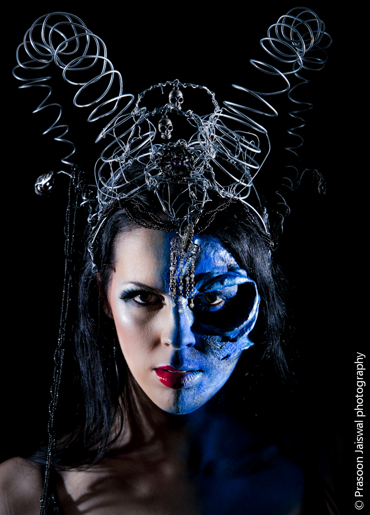 Female model photo shoot of Kimika Blue and Dark Morte by Prasoon Jaiswal in London, makeup by Kimika Blue, clothing designed by Deleted Am Statik