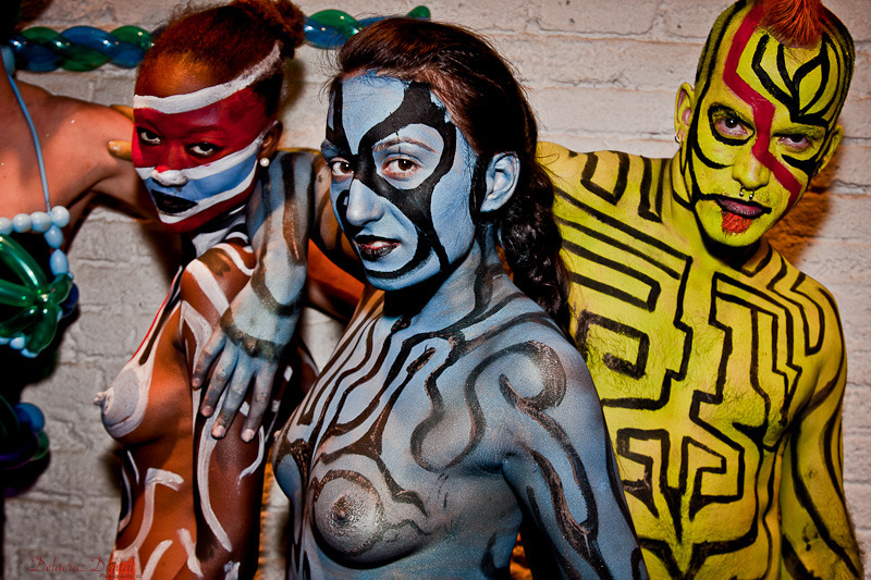 Female and Male model photo shoot of Cake Knife, Rob Ordonez and Rasheena by AharonD in Lucky Chengs, body painted by Andy Golub