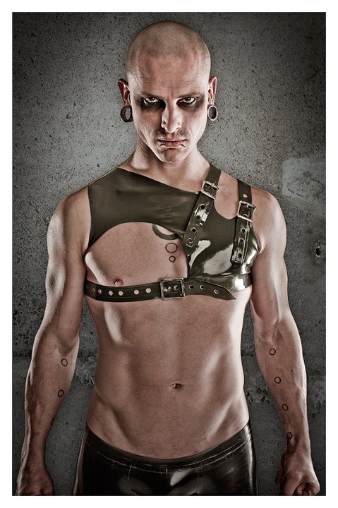 Male model photo shoot of Cage-13 by EhmAyWithE in switch photography studios, clothing designed by Blacklickorish Latex