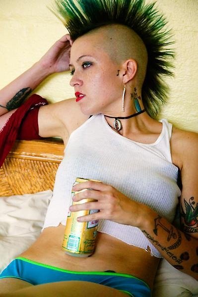 Female model photo shoot of L Rukkus in some seedy hotel
