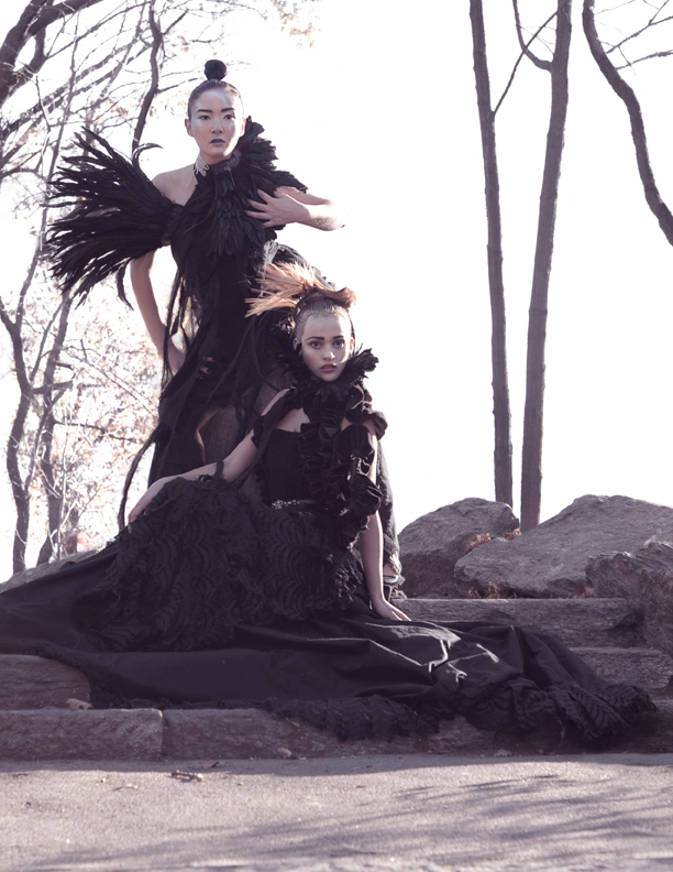 Female model photo shoot of Alyce Tzue,  Irina Shayko  and Miss Nell-Bee in Central Park, New York, hair styled by Adam Livermore, makeup by _Lyse_, clothing designed by Alex London 