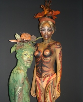 Female and Male model photo shoot of Sharmain Rosalind and Marlon MToni Antonio, body painted by Kim Reyes Bodypaint