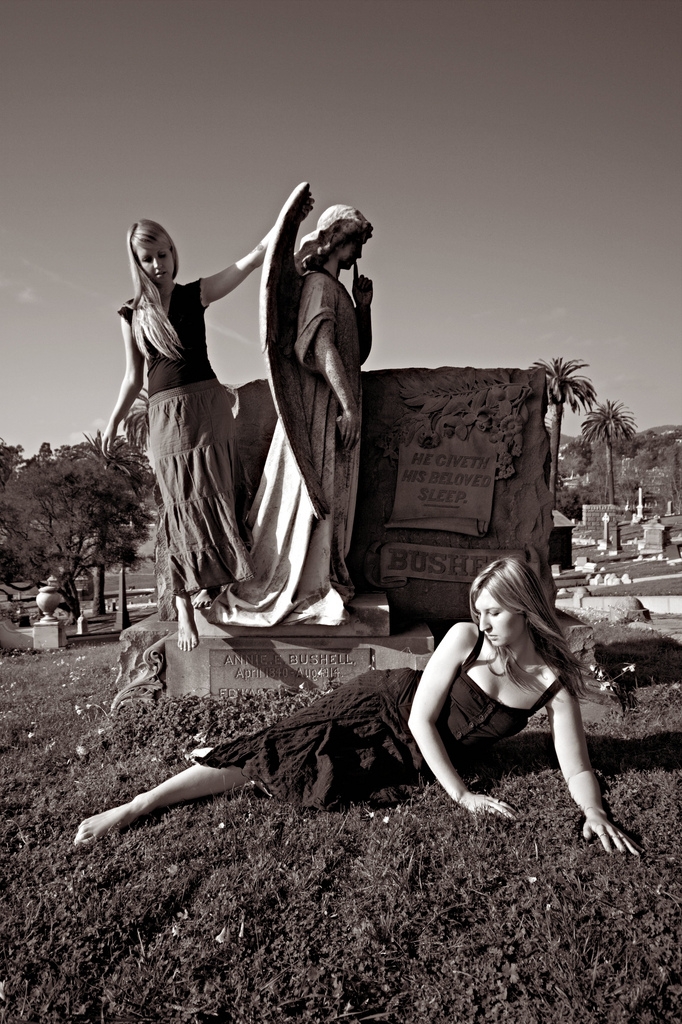 Male and Female model photo shoot of DarylDarko, Nymphette Noire and Jennifer Wallace in Mountain View Cemetery, Oakland