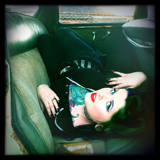 Female model photo shoot of Vera Voodoo in My favorite place in the world..in my 53 Chevy!
