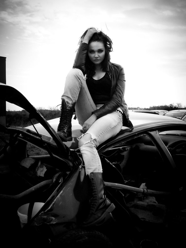 Female model photo shoot of Tracy Kavanagh in rosslare scrapyard