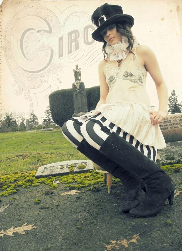 Female model photo shoot of The Erstwhile Urchin and Meggie Mary  by sweet gamine in Fraser Cemetery, New Westminster, B.C., clothing designed by The Erstwhile Urchin