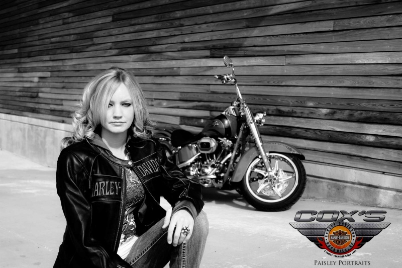 Female model photo shoot of Kimberly Paisley in Cox's Harley Davidson