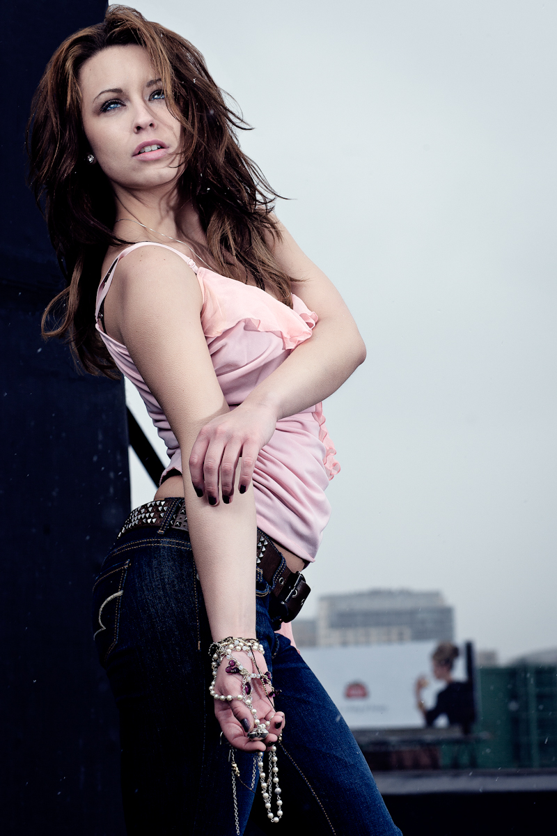 Female model photo shoot of julianne keller in rooftop snow shoot