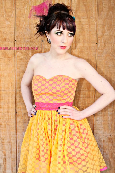 Female model photo shoot of Skimpily Clawd  in http://www.etsy.com/listing/69792718/daisy-spring-yellow-lace-and-hot-pink?ref=af_shop_favitem
