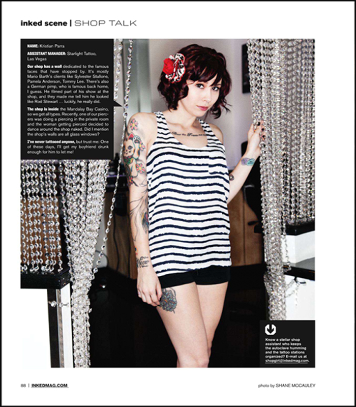 Female model photo shoot of Kris Skaboom in Inked Magazine April 2011