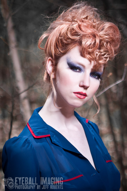 Female model photo shoot of HMUA Katherine Violette in the woods