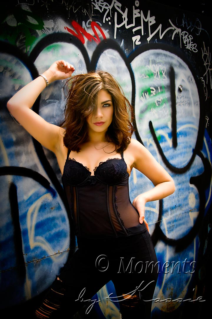Female model photo shoot of Moments by Kassie and Brittney Cassidy in Graffiti Alley, Toronto, makeup by Surekha Artistry