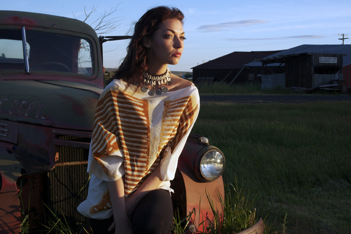 Female model photo shoot of RAW Textiles and Mia Allen by photo verite in Shaniko, Oregon