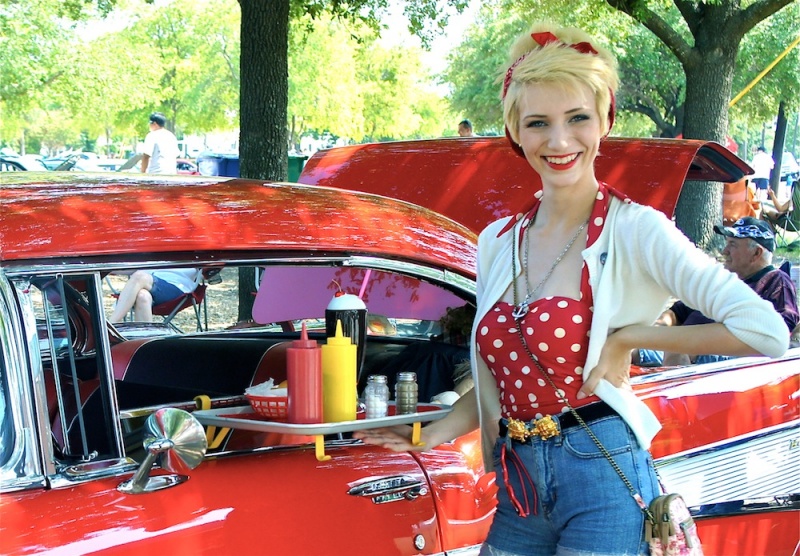 Female model photo shoot of Haley_P in Red White and Boom car show: McKinney, TX
