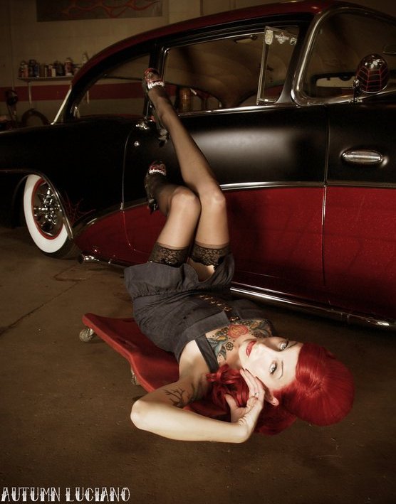Female model photo shoot of Scarlett Bottom in Gas Axe Garage, Wyoming, MI