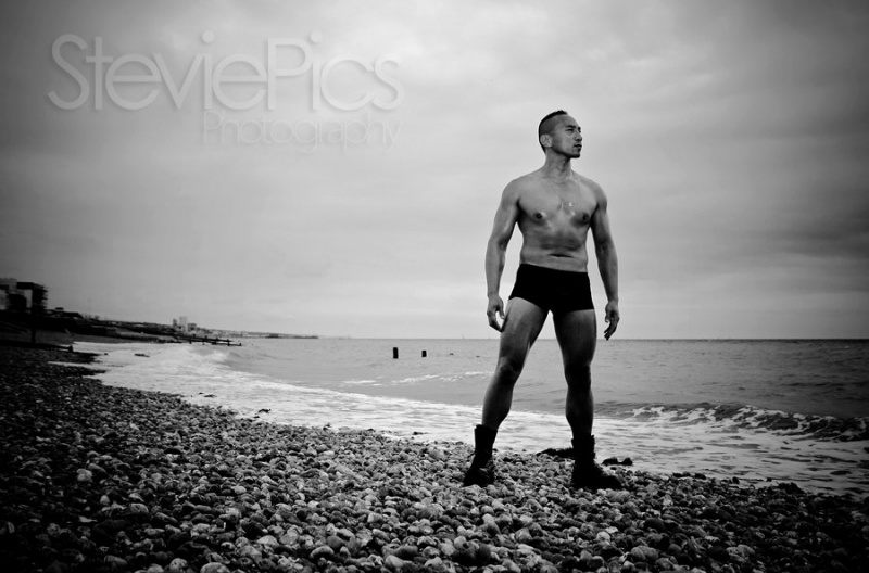 Male model photo shoot of stingxray in Hove beach