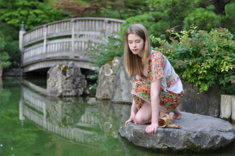 Female model photo shoot of Abigail M Ford in Japanese Garden, Manito Park, Spokane, Wa