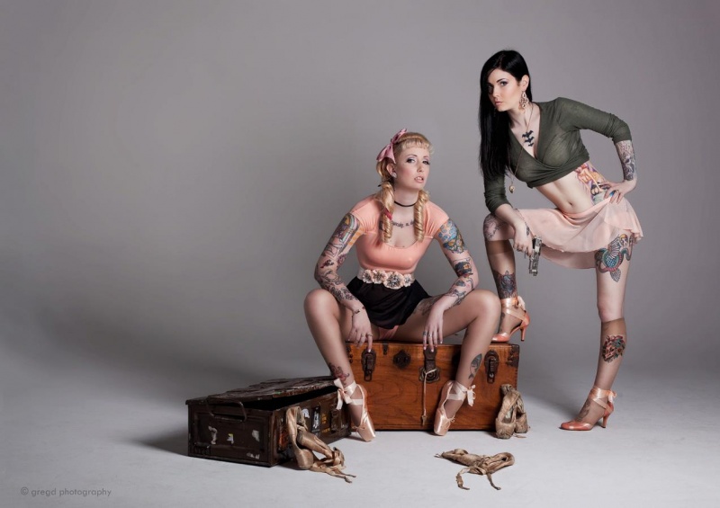 Female model photo shoot of Liss Libertine and Miss Katie Cupcake by greg desiatov in Dandinong Studio, makeup by Leah Carlisle mua