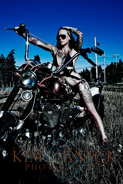 Female model photo shoot of janel princess in parks ville bc  bikes and babes shoot    2011