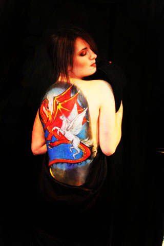 Female model photo shoot of Sundara Griffiths, body painted by ROSE the body painter