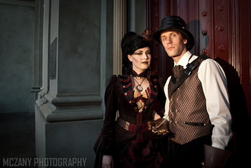 Male and Female model photo shoot of Brend Bunte and Ayr Loxide by McZany Photography in Fitzroy Townhall, Melbourne, clothing designed by Clockwork Butterfly