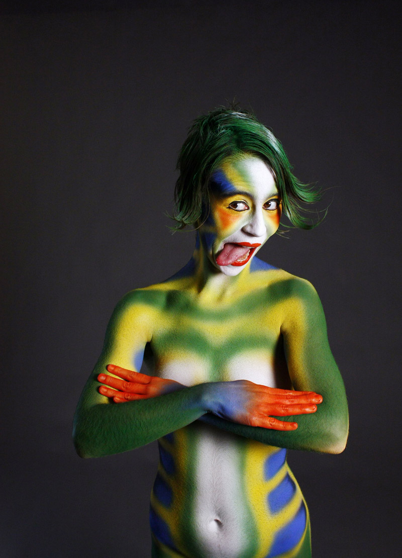 Female model photo shoot of Body Paint Girl by Frank Satow in Oregon, body painted by Jeff Egli