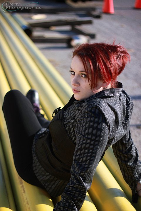 Female model photo shoot of Jena Riot in Shut down factory in London Ontario.