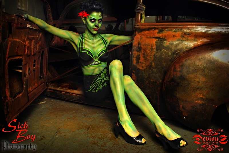 Male and Female model photo shoot of Sick Boy Photography and Christa Knox, body painted by Devious Body Art